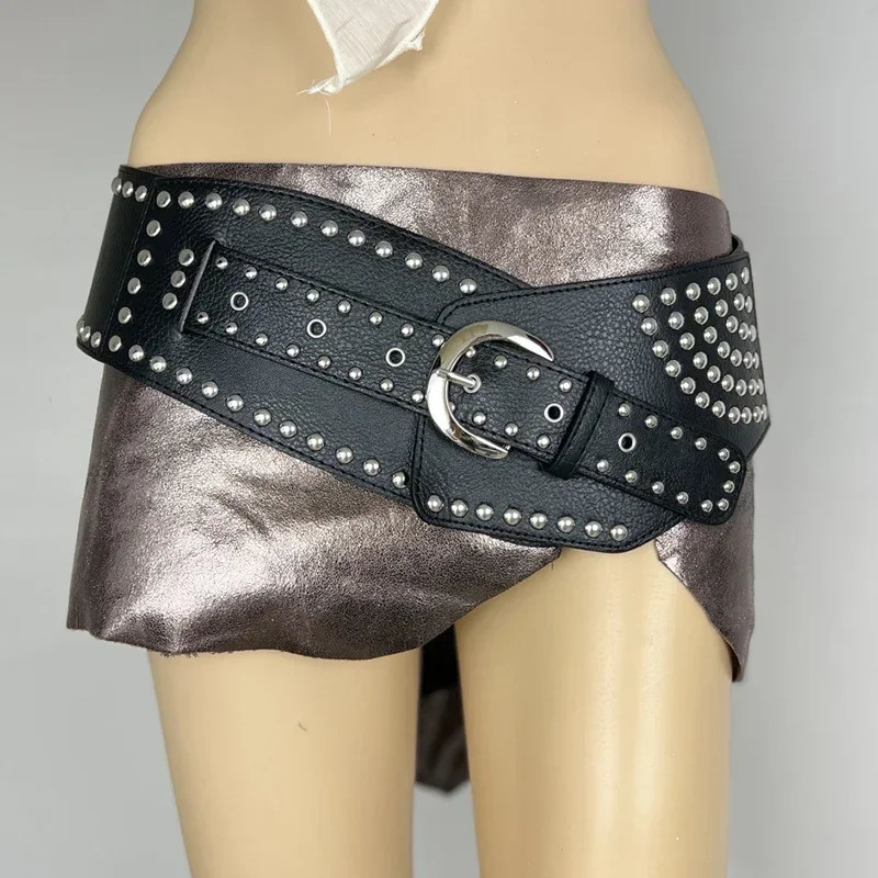 Vintage Rivet Punk Wide Belts American Y2K Metal Pu Spice Girls Waistband Western Heavy Duty Irregular Skirt Decoration 250618