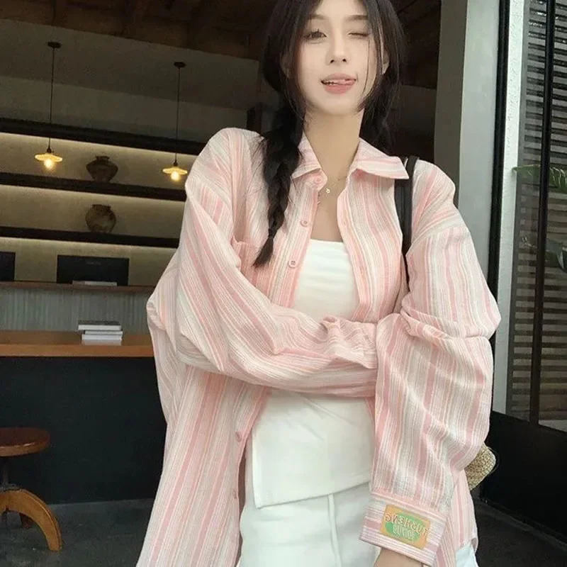 Pink Striped Shirt Women Korean Style Loose Long Sleeved Button Up Blouse Ladies Autumn Wild Streetwear Casual Shirts 250616