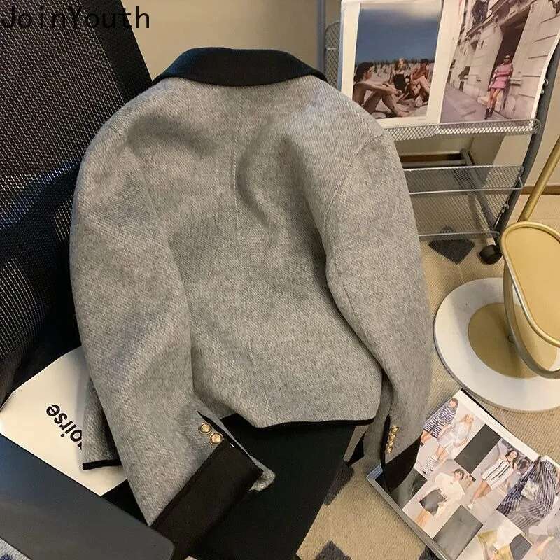 Temperament Ladies Tops Korean Vintage Jackets for Women Turndown Collar Single Breasted Outwear Fashion Solid Color Woolen Coat