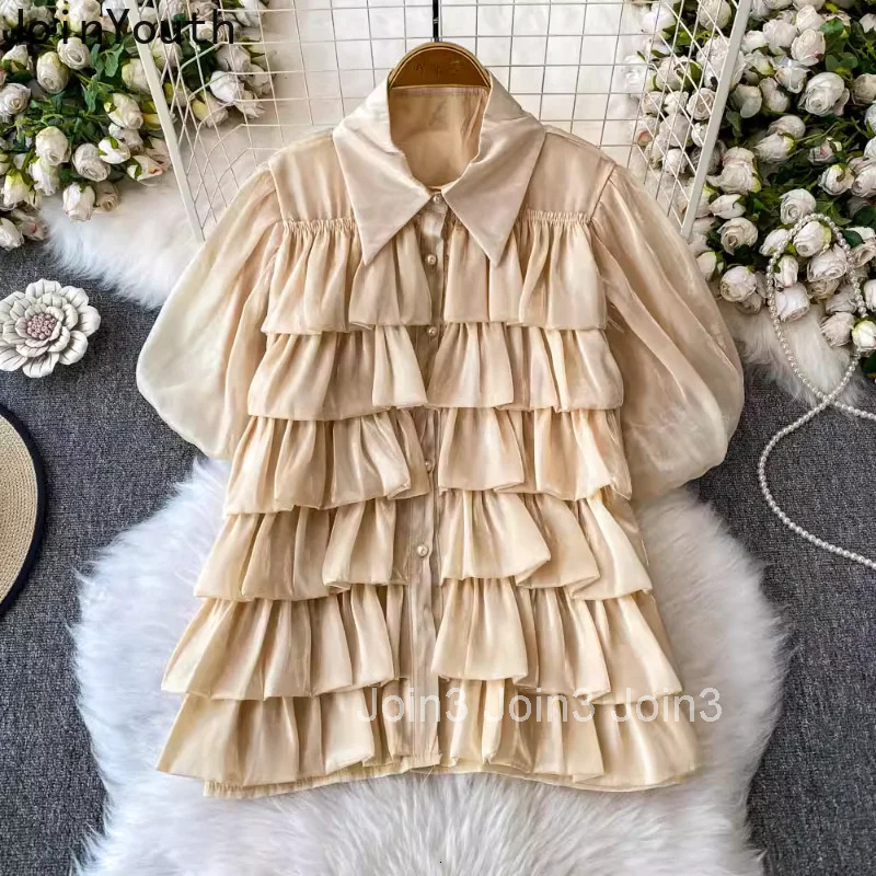 Vintage Women Shirts 2025 Blusas Mujer De Moda Sweet Ruffles Puff Sleeve Summer Blouses Korean Tops Temperament White Blouse