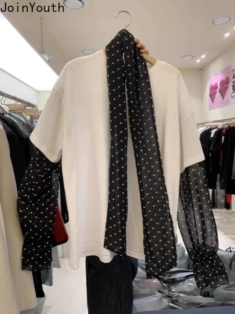 O-neck Korean Woman T Shirts Y2k Tops Fake Two Tees Patchwork Gauze Polka Dot Long Sleeve Camisetas Casual Fashion Letter Tshirt
