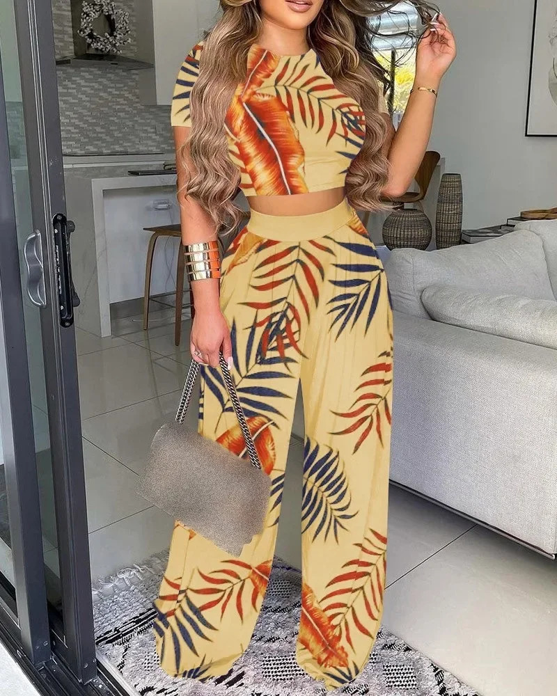 Women Print Pant Sets Two Piece Suit Round Neck Short Sleeve Tops Vests Wide Leg Trousers High Waist Pant Matching Sets Summer 250617
