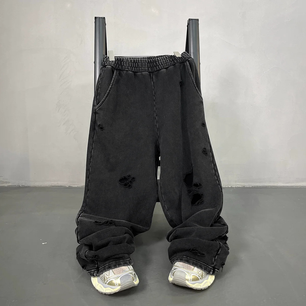 Autumn/Winter Wash Sweat Pants Athletic Joggers Hip Hop Raw Edges Cut Crush Distressed Frayed Wide Leg Sweatpants 250616