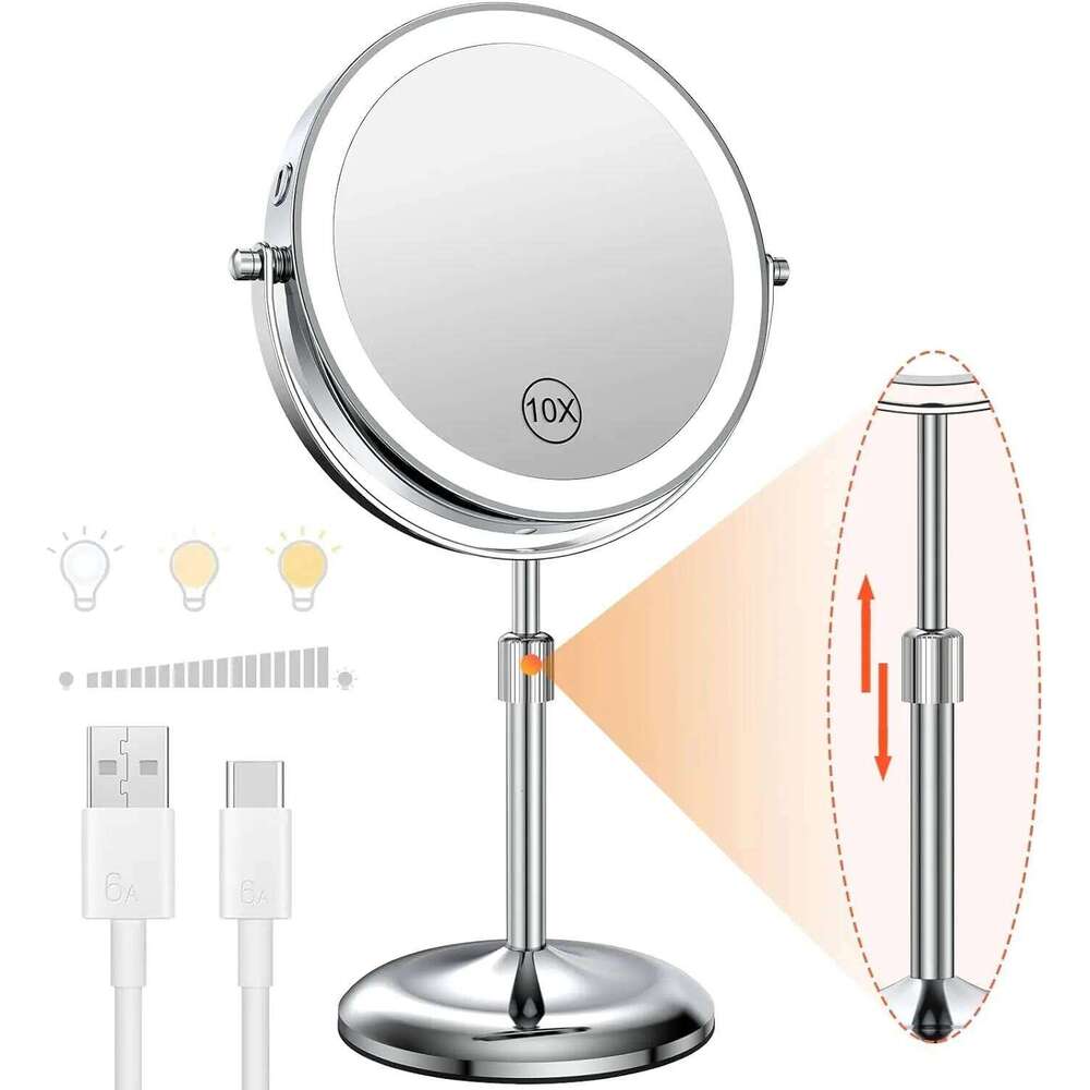 8 Inch Makeup With Light Lamp 10X Magnification 3 Color Lights,Adjustable Brighess Height Standing Cosmetic Mirror