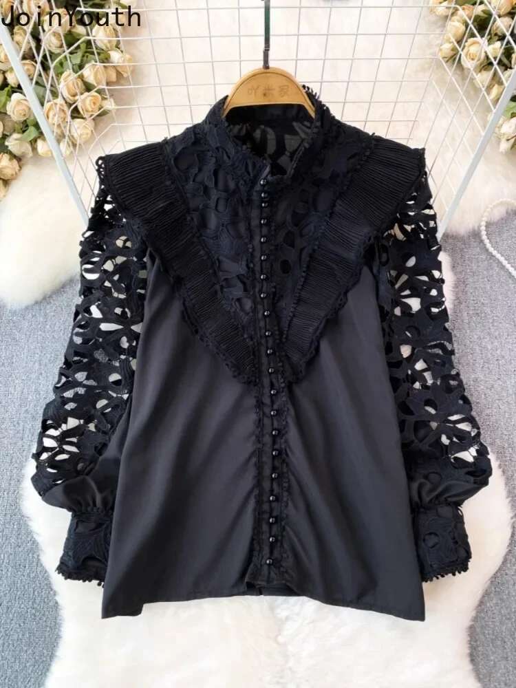 White Women Blouse 2025 Blusas Mujer De Moda Vintage Lantern Sleeve Patchwork Lace Hollow Out Shirts Fashion Korean Blouses Tops