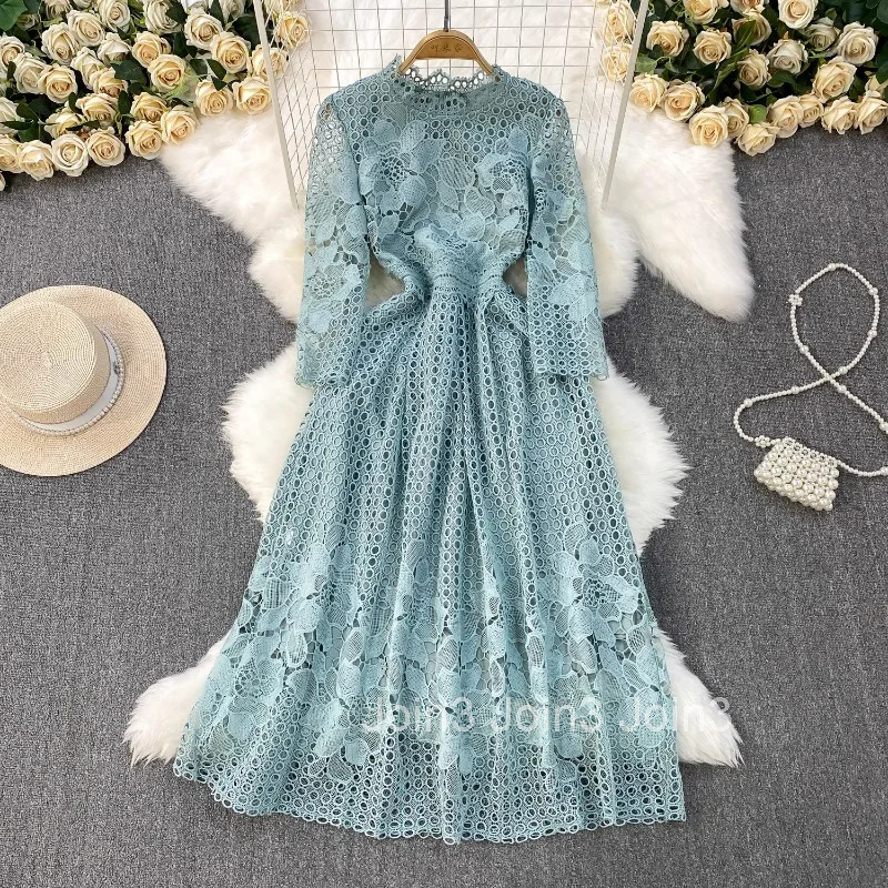 Womens Clothing Elegant Dresses Lace Patchwork O-neck Robe Femme Slim Waist Vintage Hollow Out Dress 2025 Vestidos De Mujer