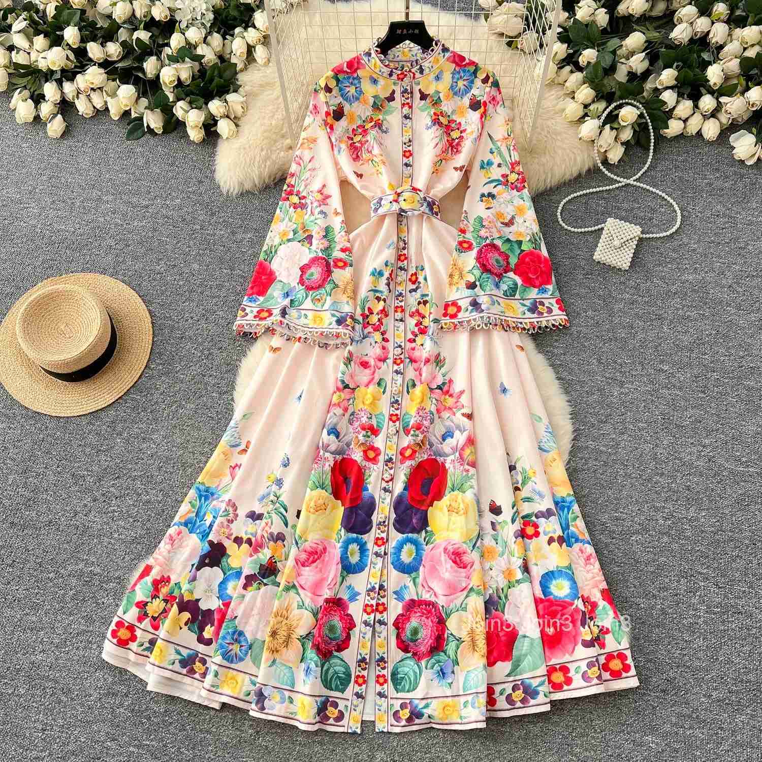 Vintage Floral Dresses for Women Flare Sleeve Slim Waist Single Breasted Robe Femme Vestidos De Mujer Elegant Summer Maxi Dress