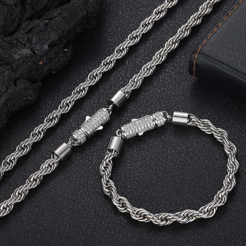 6mm Stainless with Dia Buckle, Twist Chain Men's Necklace, Hip-Hop Jewelry, Titanium Steel Bracelet d10c