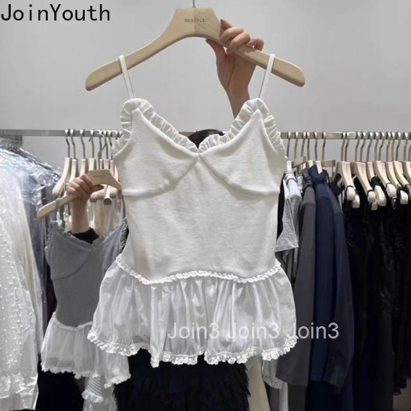2025 Ropa Mujer Crop Tops Patchwork Contrast Color Sleeveless Sling Vest Women Clothing Sweet Ruffles Backless Sexy Tanks Women