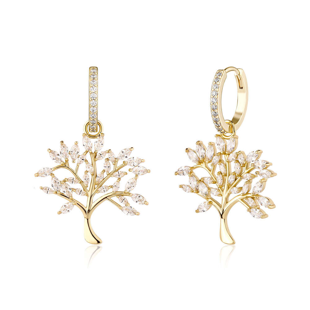 Creative Personality Tree of Life Simple Hollow Out Inlaid Dia Ear Studs Unisex Copper Gold Earrings