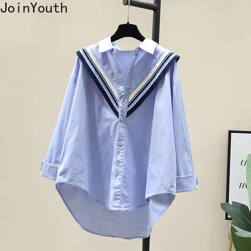Cotton Long Sleeve Shirts Womens Clothing Loose Casual Blouses Patchwork Knit Striped Blusas Mujer 2025 Korean Ruffles Tops