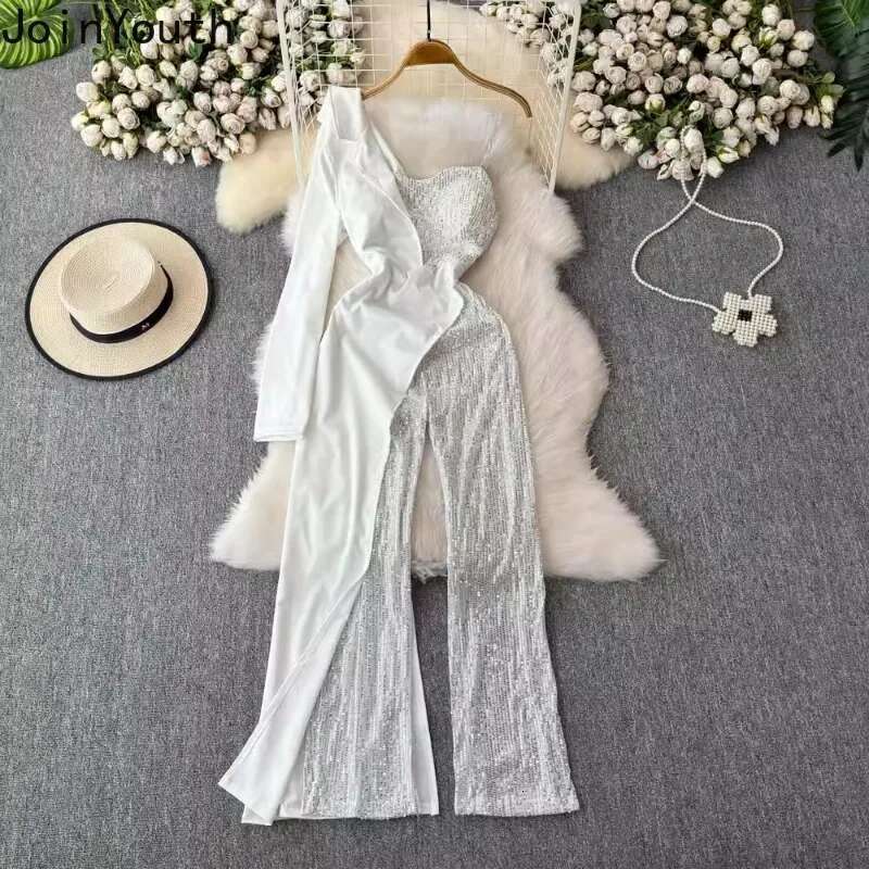 Temperament Korean Jumpsuits Women Clothing Contrast Color Off Shoulder Long Sleeve Bodysuit Heavy Sequin Summer Playsuit 7p519