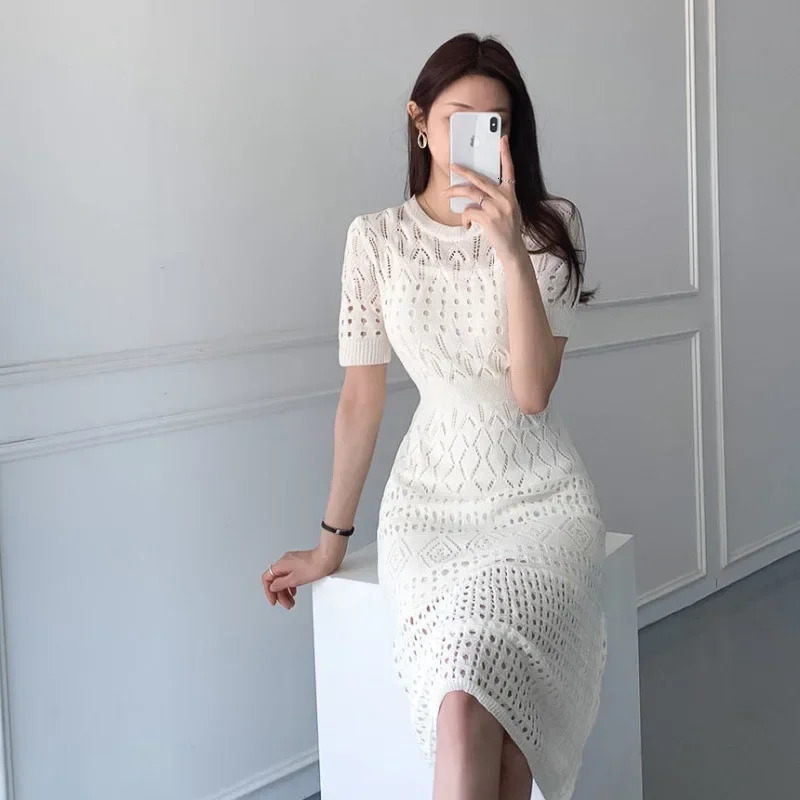 Summer White Short Sleeve Hollow Out Knitted Dress Ice Silk Waist Cinching Slimming Fashionable A-Line Skirt Womens Style 250617