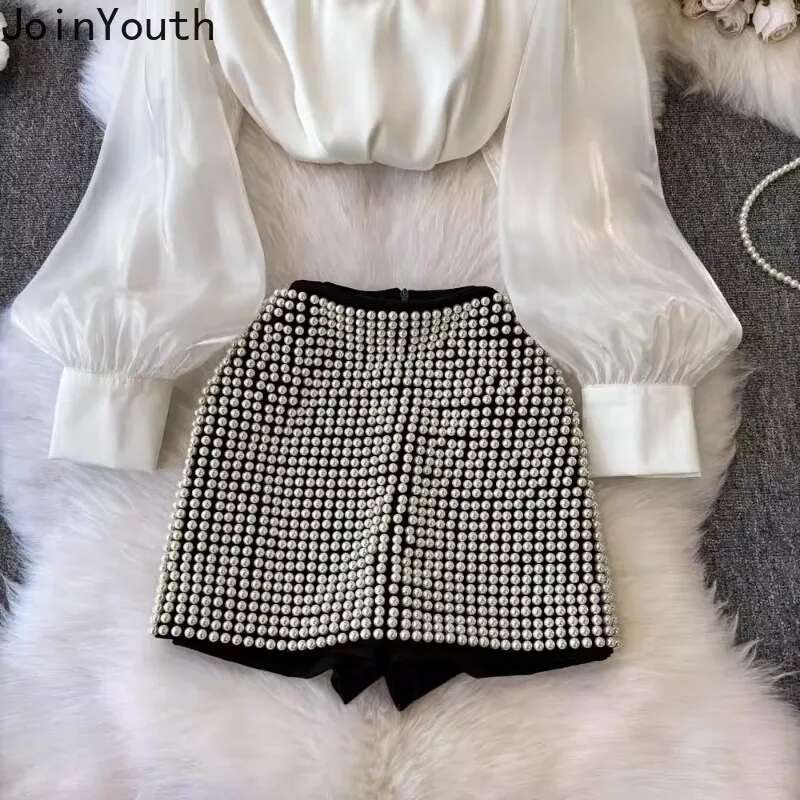 Korean 2 Piece Sets Womens Outfits 3D Floral Long Sleeve Blouse Heavy Beading Bodycon Mini Skirt Shorts Suit Fashion Summer Set