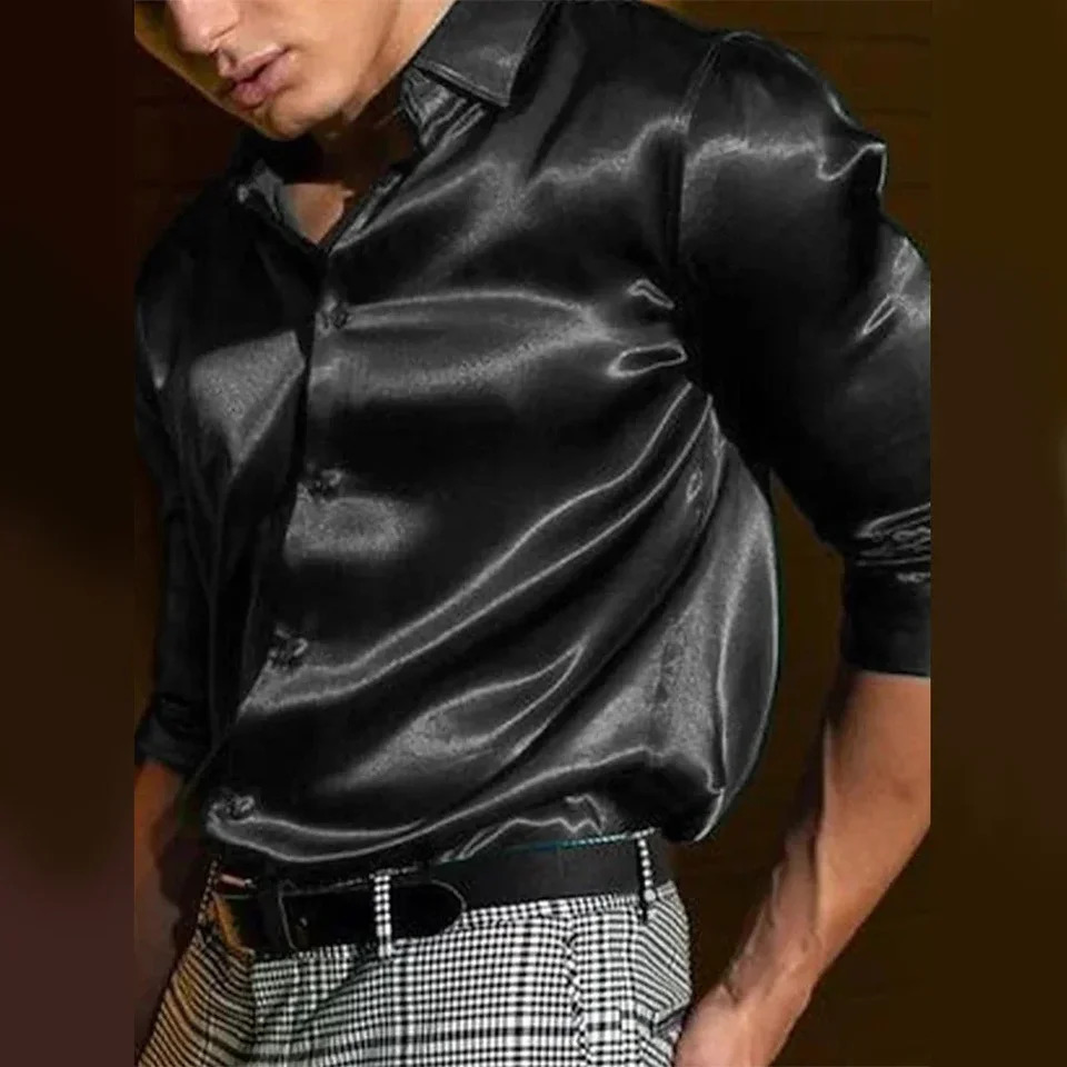 Casual Mens Satin Silky Dress Shirts Long Sleeve Social Single Breasted Turn-Down Collar Shirts Wedding Party Mens Clothing 250618