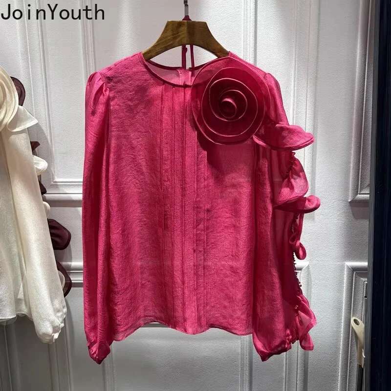 2025 Camisas De Mujer Blouse for Women Temperament Lady Tops O-neck Long Sleeve 3D Floral Shirts Vintage Loose Korean Blouses
