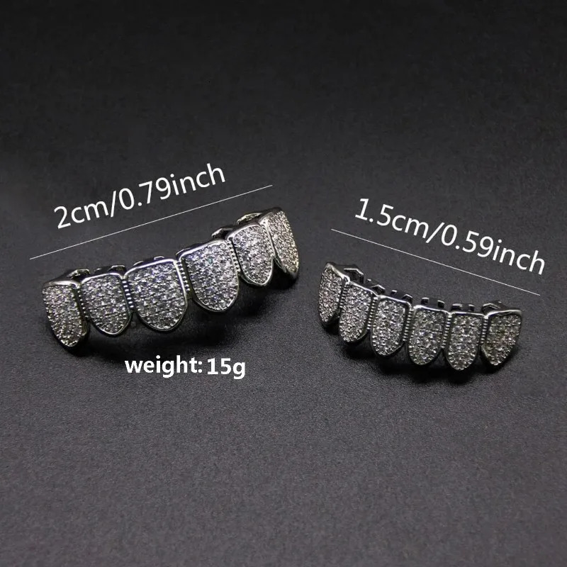 HipHop CZ Teeth Set For Unisex Top Bottom Mouth Gold Silver Color Tooth Cap Removable Dental Fashion Jewelry 250613