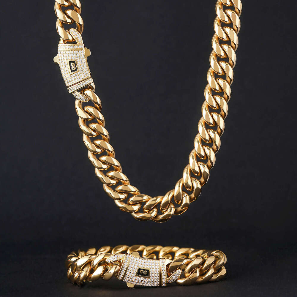 Stainless Necklace 6mm-14mm Round Polished Encrypted 14K Gold Cuban Inlaid with Zircon Spring Clasp Titanium Steel Chain 2e25