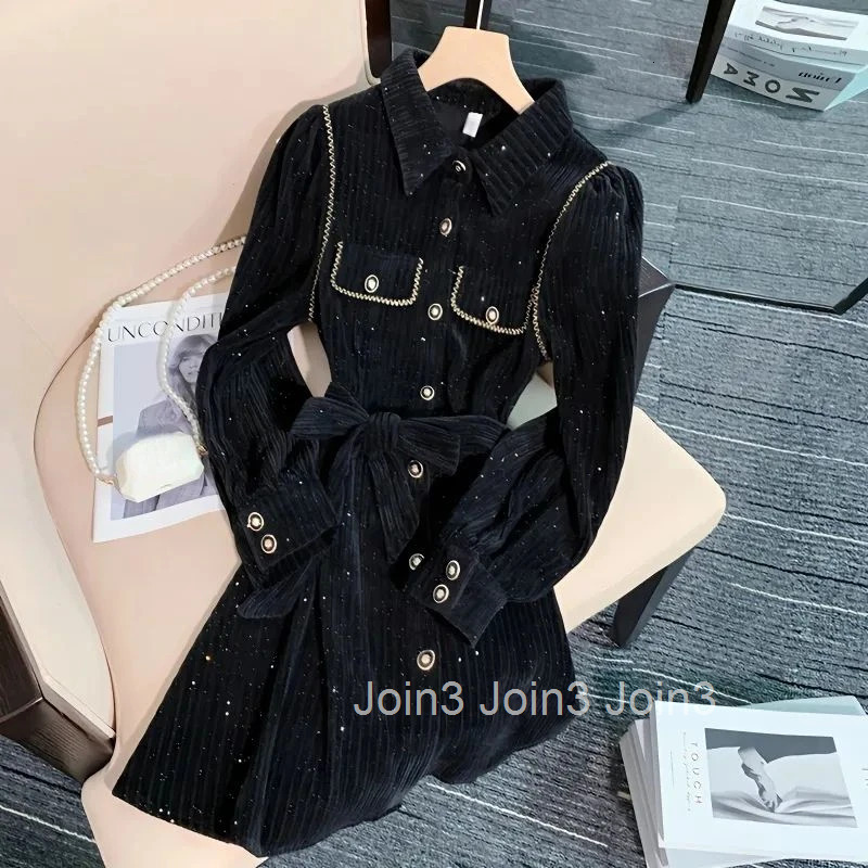Vintage Temperament Robe Femme Black Dresses for Women Slim Waist Bandage A-line Long Sleeve Dress 2025 Vestidos De Mujer 27s746