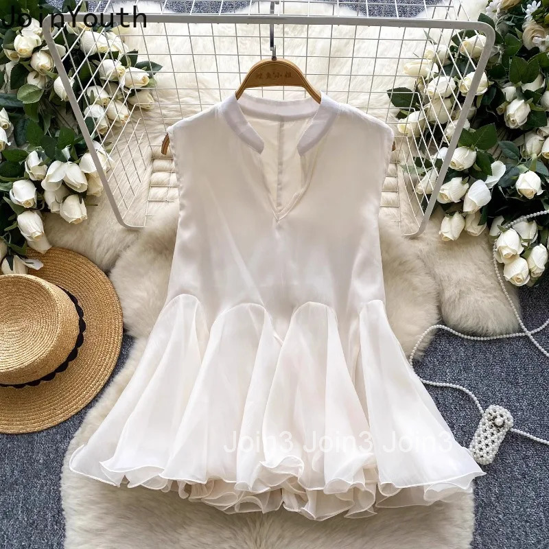 2025 Camisas De Mujer Summer Blouses Temperament Tops Female V-neck Sleeveless Loose Shirts Ruffles Solid Color Tunic Blouse