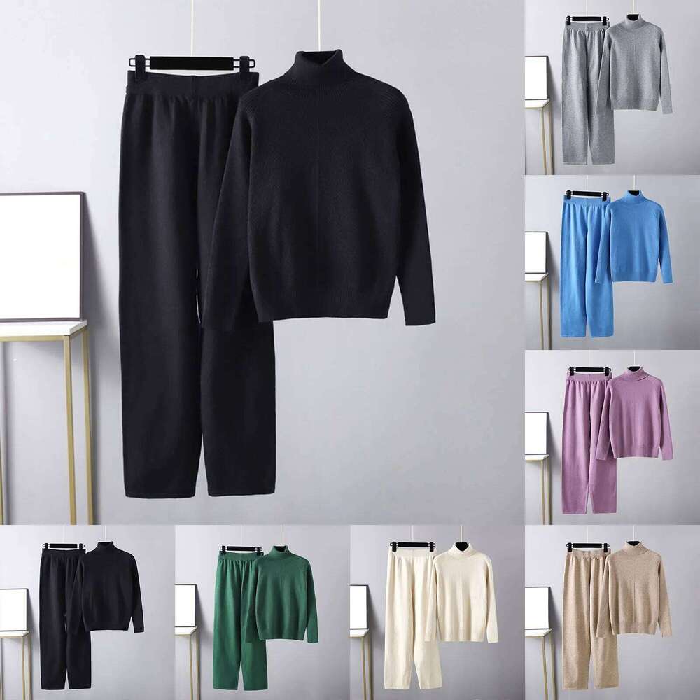 Designer Leisure High Quality Knitted Two Piece Suit Womens' Fall Winter Temperament Sweatshirts Set Wide Leg Pants And High Neck Sweater Outfit