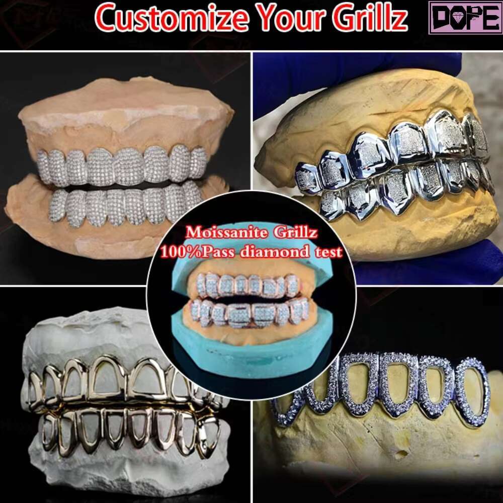 Customized 16 Teeth Iced Out Grillz 14k White Gold Plated Men Women 925 Silver D VVS Moissanite Grillz
