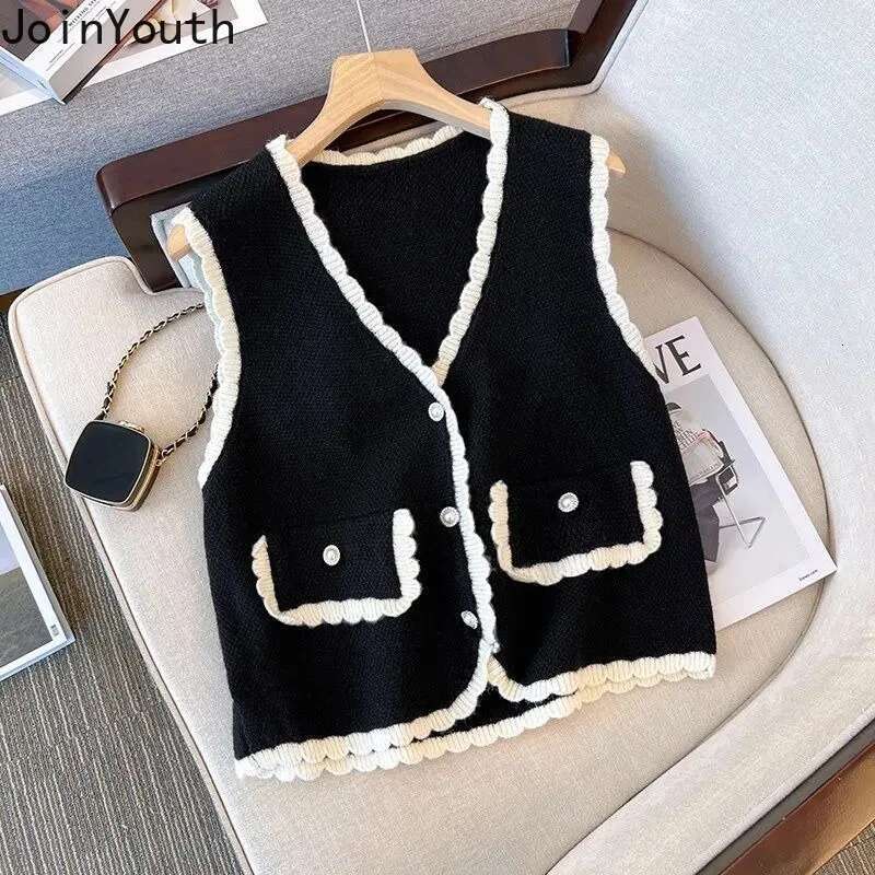 2025 Vest Sweater Women Clothing V-neck Ruffles Single Breasted Vintage Waistcoat Ropa Mujer Black Knitted Tanks Cropped Tops