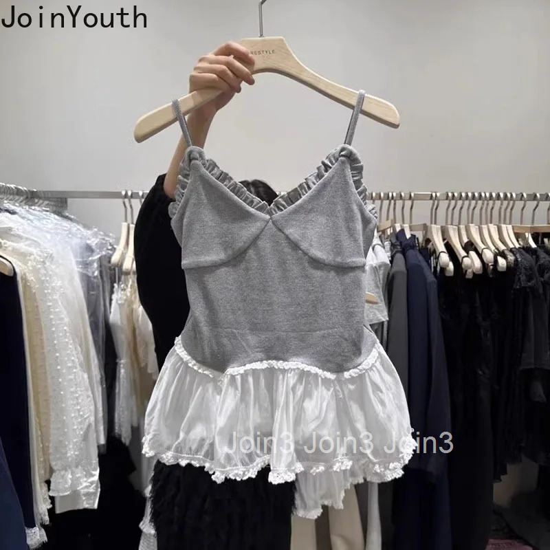 2025 Ropa Mujer Crop Tops Patchwork Contrast Color Sleeveless Sling Vest Women Clothing Sweet Ruffles Backless Sexy Tanks Women