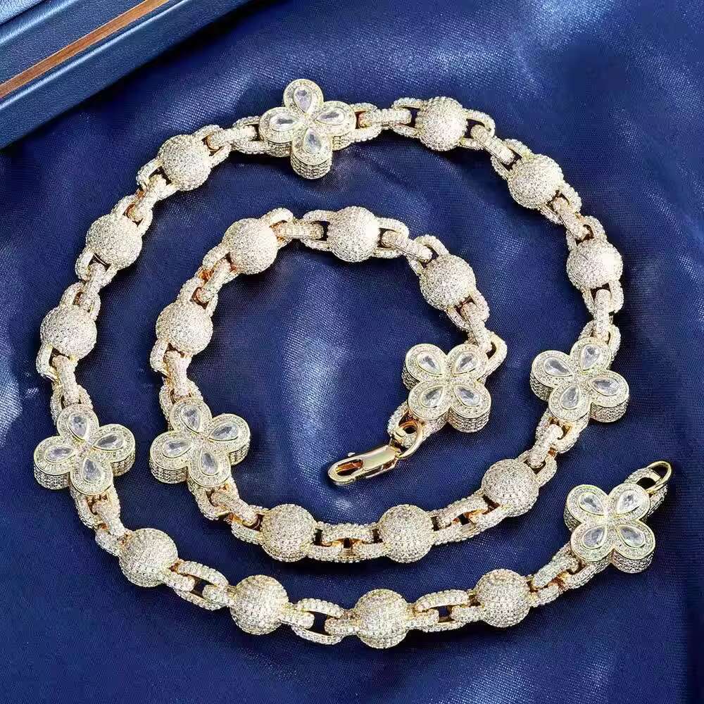 Hot Sale Hip Hop Full Bubble Bead Necklace Chain Four Leaf Clover Jewelry Men Necklace Accessories Cuban Necklace for Men