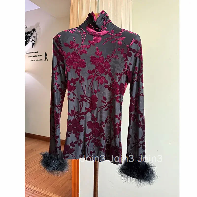 Womens Clothing Flocking Floral High Neck Long Sleeved T-shirt Temperament Tops 2025 Ropa Mujer Vintage Tunic Korean Tshirts