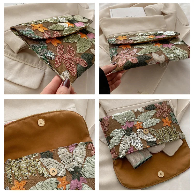 Women Evening Bag Floral Embroidery Sequin Evening Clutch Bag Envelope Package Beach Bag for Women Wedding Vacation Travel 250617