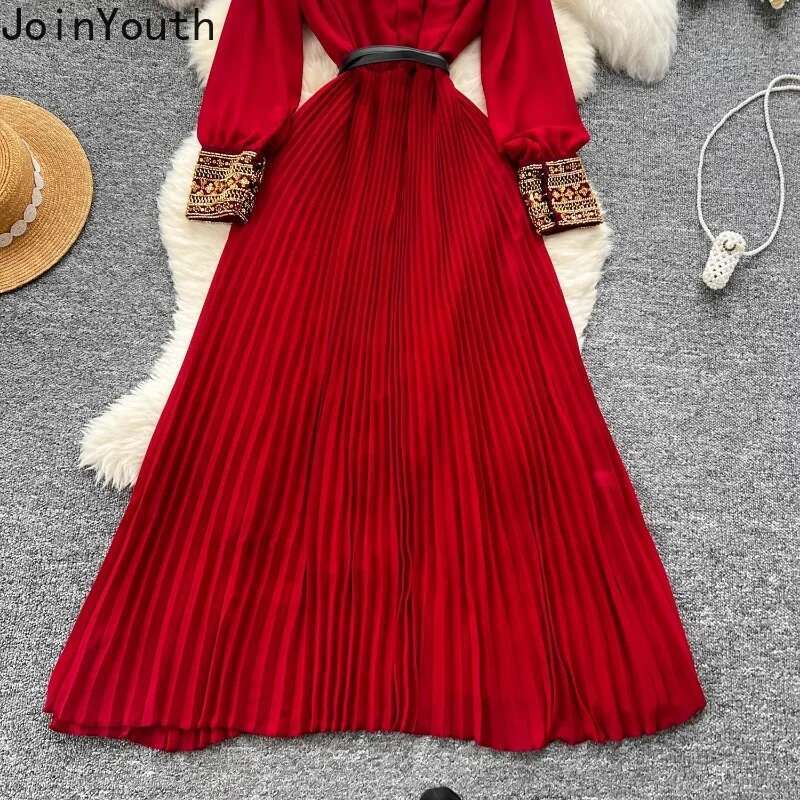 Temperament Robe Femme Maxi Dresses for Women Long Sleeve O-neck Sequin Slim Waist Vintage Pleated Dress 2025 Vestidos De Mujer