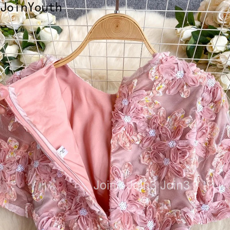 Pink Dresses Womens Clothing Bandage Beading Floral Slim Waist Robe Femme Fashion Summer Elegant Dress 2025 Vestidos De Mujer