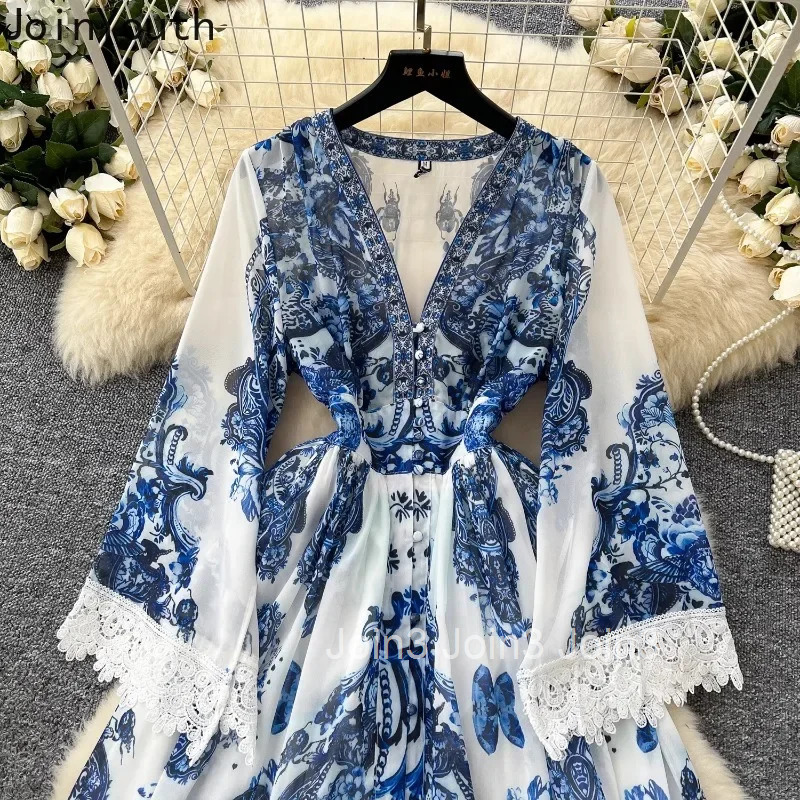 2025 Vestidos De Mujer Floral Dresses Women Clothing V-neck Flare Sleeve High Waist Robe Femme Vintage Summer Eleganr Maxi Dress