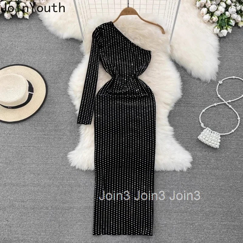 Party Dress Women Clothing Sexy Off Shoulder Temperament Black Robe Femme Diamond Velvet Split Bodycon Dresses Vestido Femme