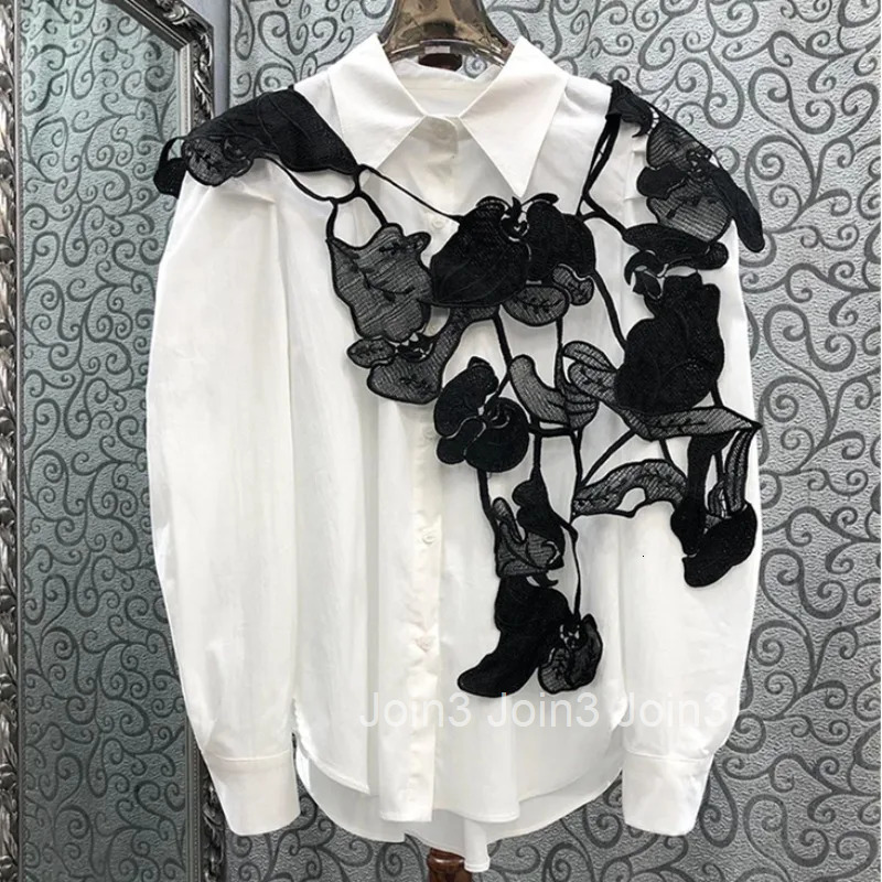 2025 Camisas De Mujer Long Sleeve White Blouses for Women Lace Embroidery Shawl Korean Tops Loose Fashion Puff Sleeve Shirts