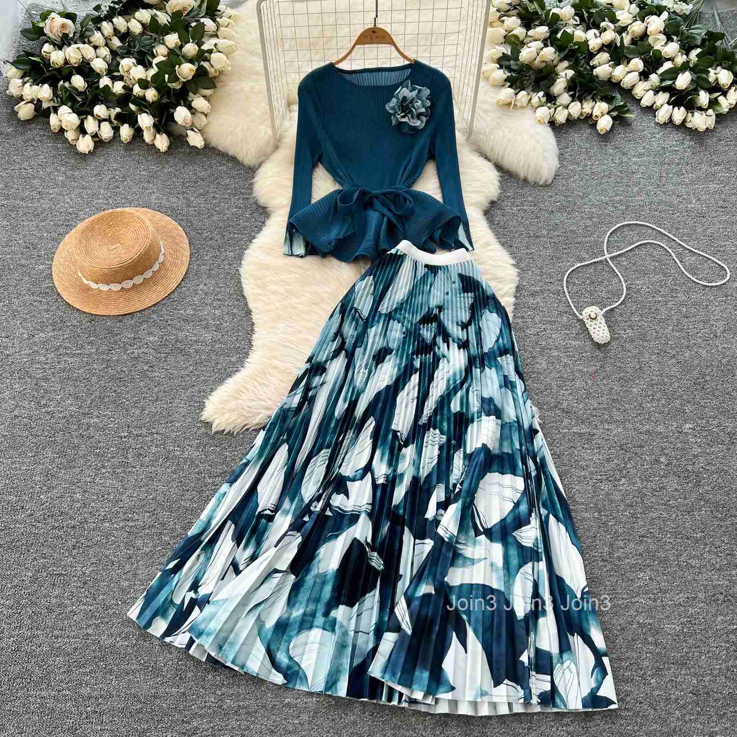 Women Clothing 2 Piece Sets Slim Waist 3D Floral Tops High Waist Print Pleated Skirt Outfits Vintage Roupas Femme Korean Suit
