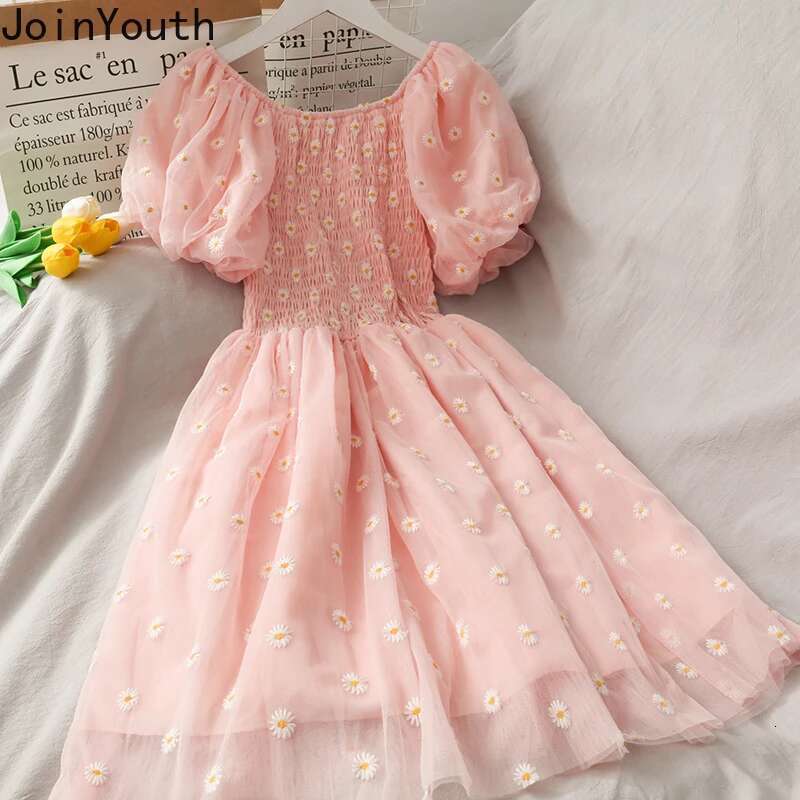Joinyouth Sweet Dress for Women 2025 Summer Robe Korean Fashion Pleated Dresses Slash Neck Puff Sleeve Print Gauze Dresses 7b994