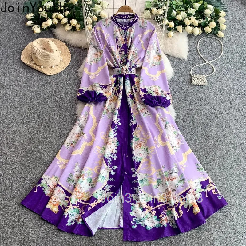 Elegant Dress for Women Stand Neck Lantern Sleeve Print Robe Femme Single Breasted Vintage Maxi Dresses 2025 Vestidos De Mujer