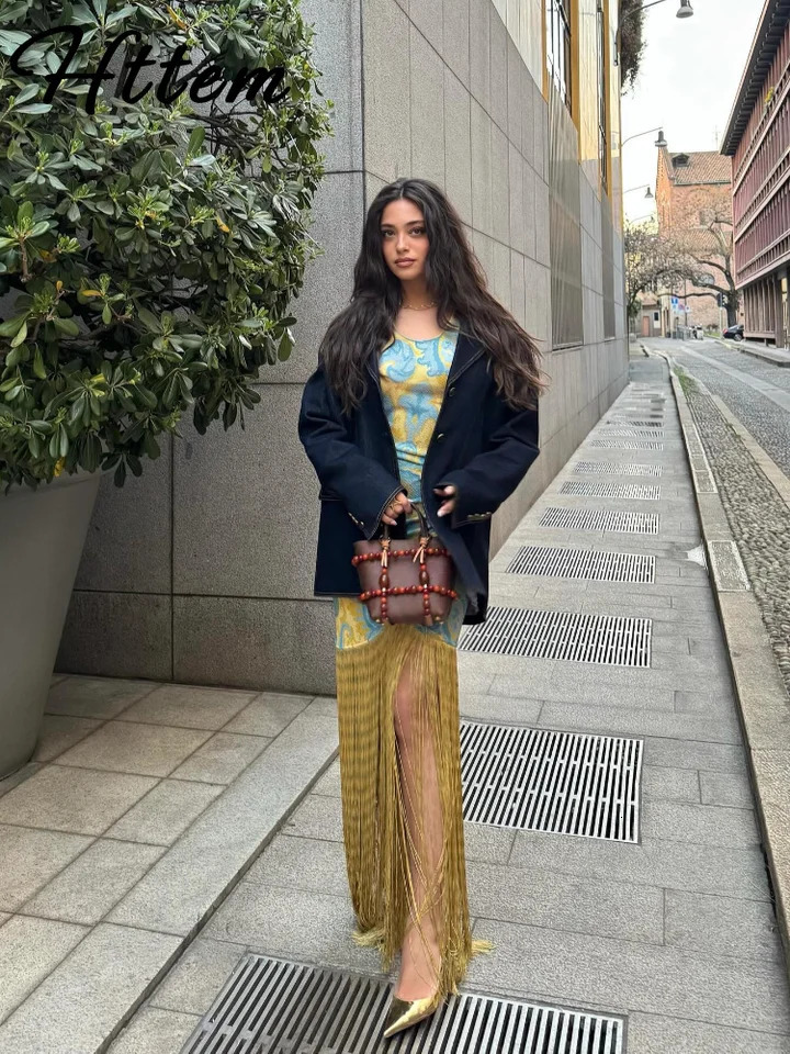 Fashion Tassels Print Dress Women Slim Patchwork O Neck Sleeveless Long Robe Female 2025 Summer Fashion Beach Dresses Lady 250619