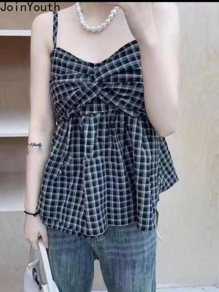 2025 Ropa Mujer Sweet Tanks for Women Plaid Crop Tops Sexy Sling Vest Fashion Summer Camis Sleeveless Backless Loose Y2k Top