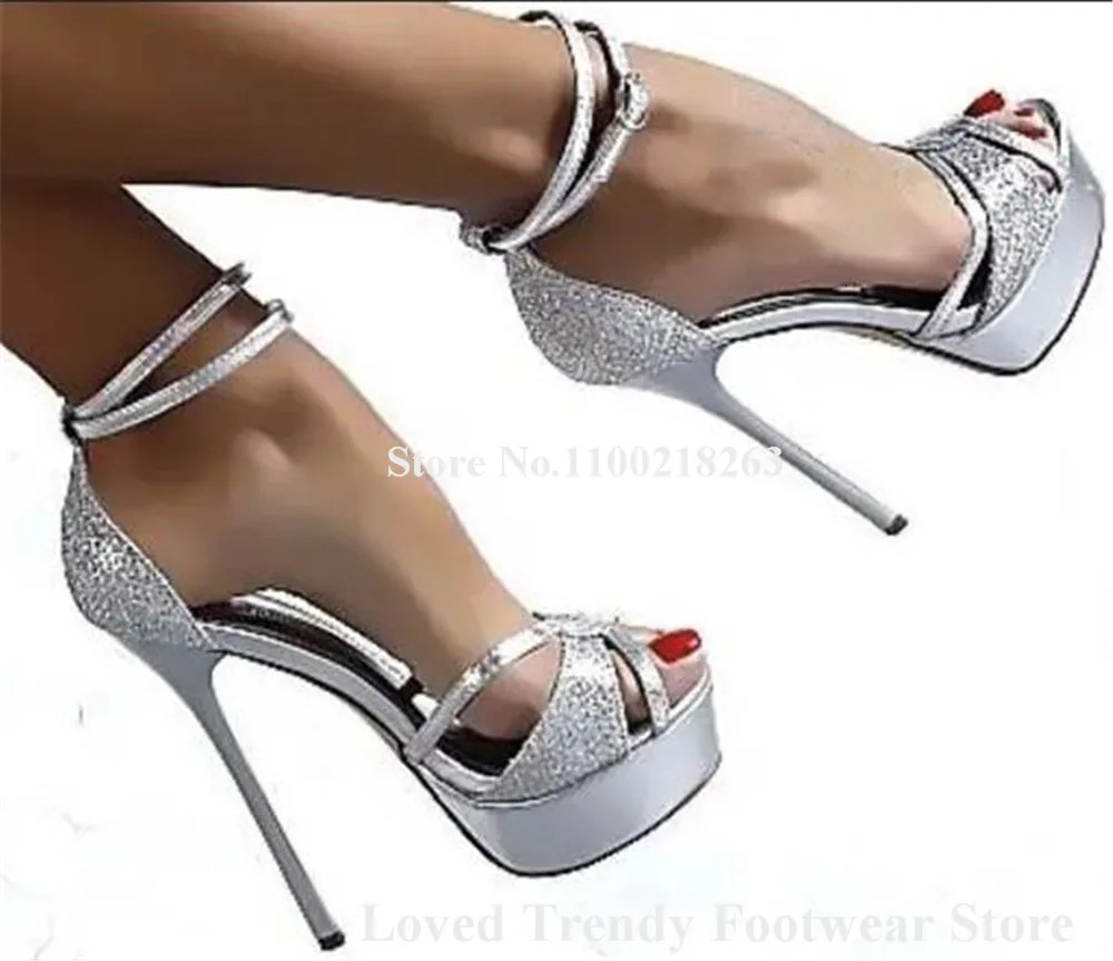 Sexy Snakeskin Leather Stiletto Heel High Platform Sandals Peep Toe Cut-out Ankle Straps Silver Black Thin Heel Party Pumps 250617