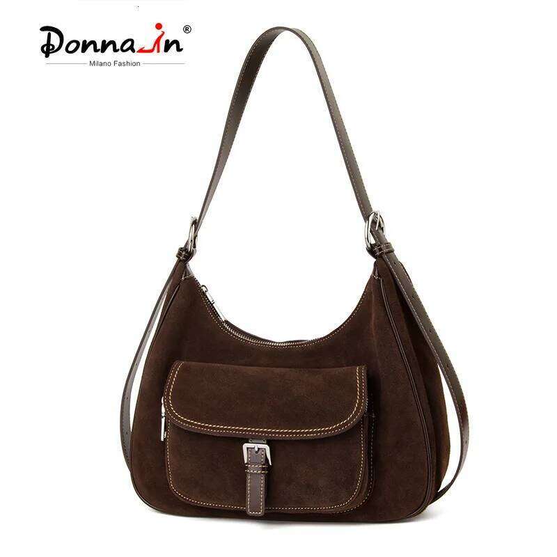 Donna-In Natural Suede Handbag Genuine Cow Leather Coffee Shoulder Underarm Bag Winter New Style Large Capacity Crossbody