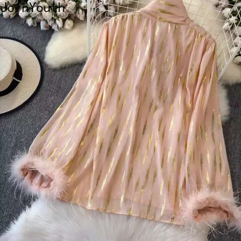 2025 Blusas Mujer De Moda Korean Blouses Women Clothing Patchwork Feather Loose Shirts Vintage Bandage Bow Striped Blouse Tops