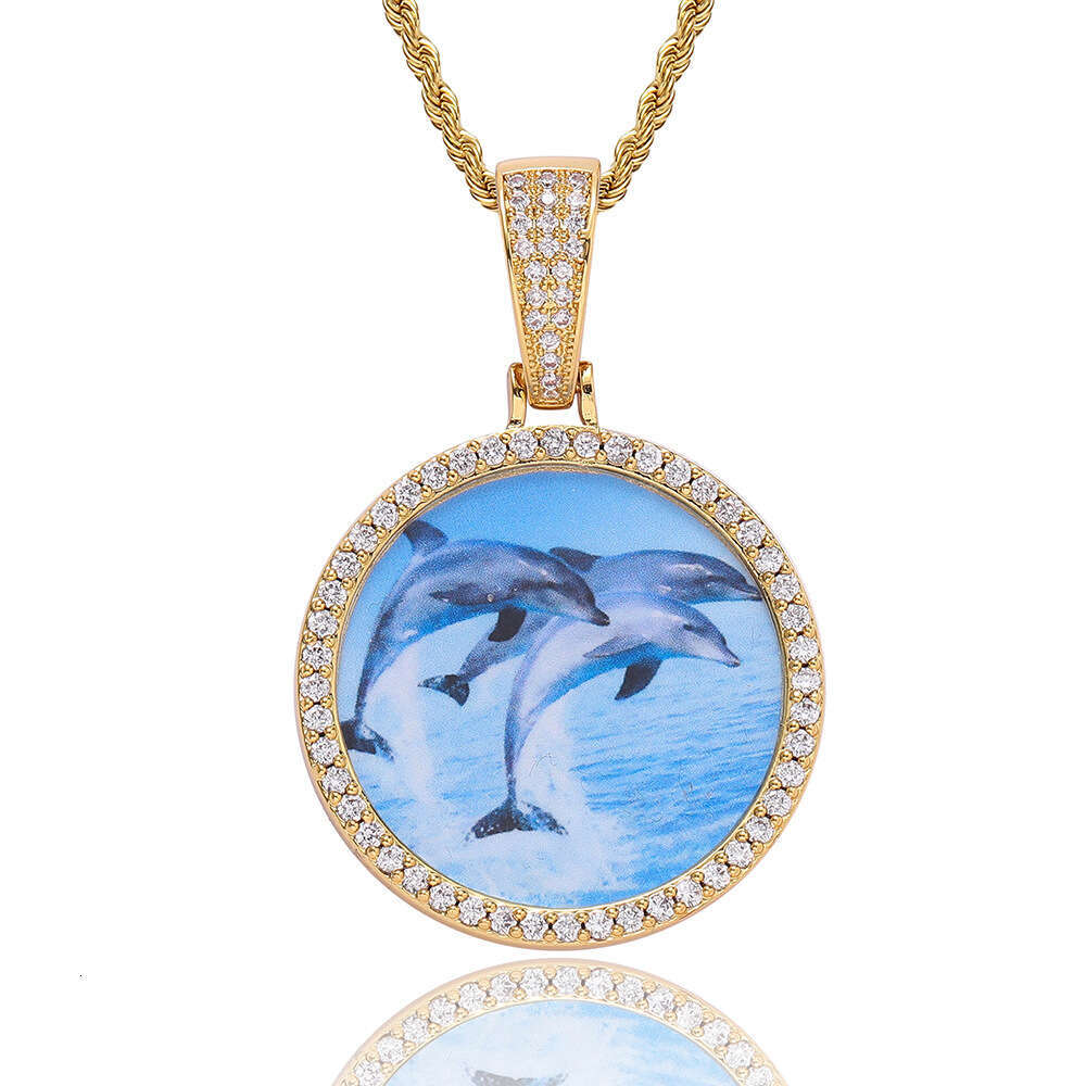New Small Round Pendant Micro Paved Zircon Trendy Hip Hop Photo Frame Men's Necklace 1d99