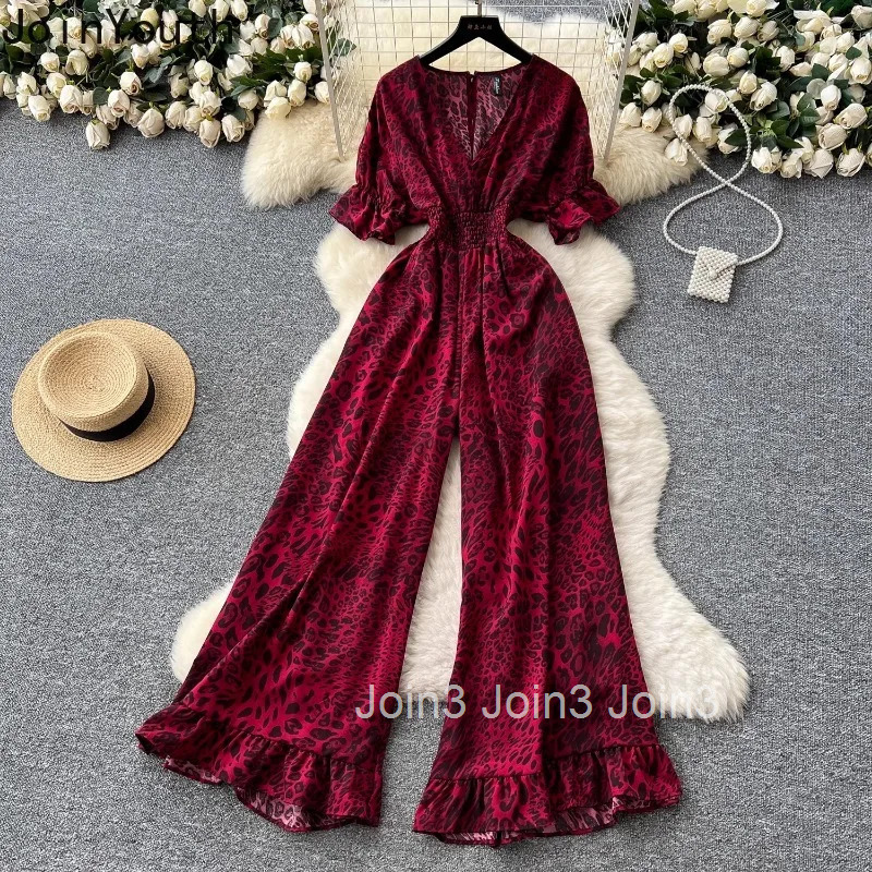 Floral Jumpsuit Womens Clothing V-neck Short Sleeve Elastic Waist Wide Leg Pants Bodysuit Chic Vintage Rompers Summer Playsuit
