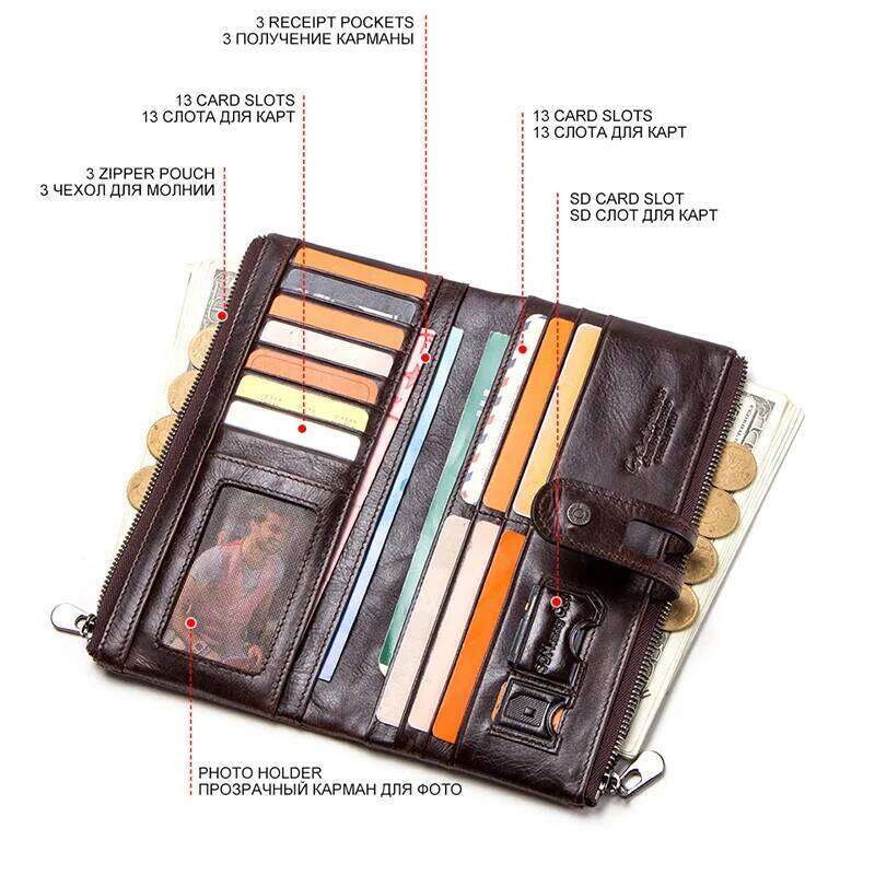 Designer bag CONTACT'S Genuine Leather Long Wallets for Men Vintage Card Holder Coin Purses Money Clips Phone Pocket Male Name Engrave Wallet