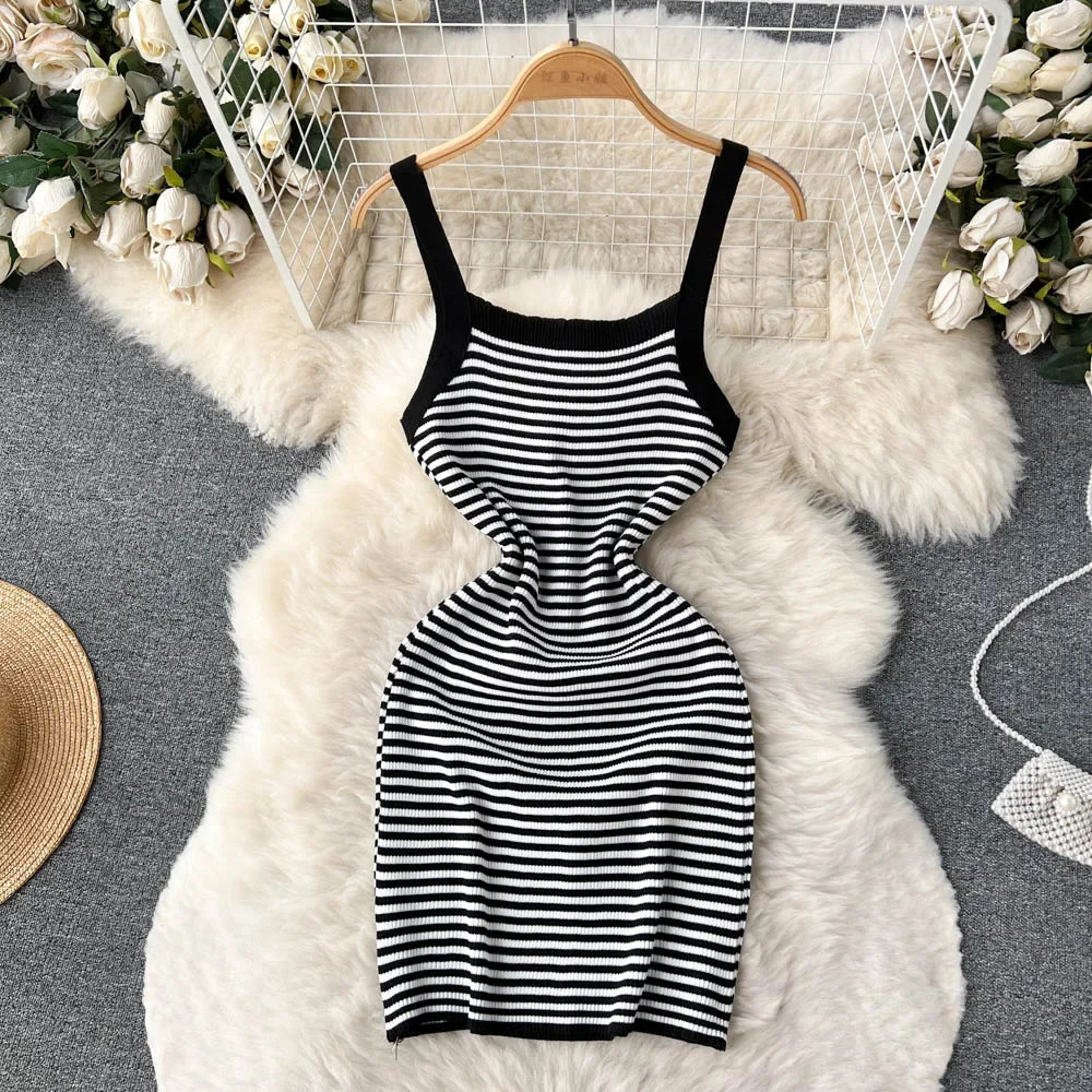 Summer Knit Beach Dress Ladies Spaghetti Strap Backless Slim Elastic Sundress Fashion Korean Striped Short Mini Sexy 250616