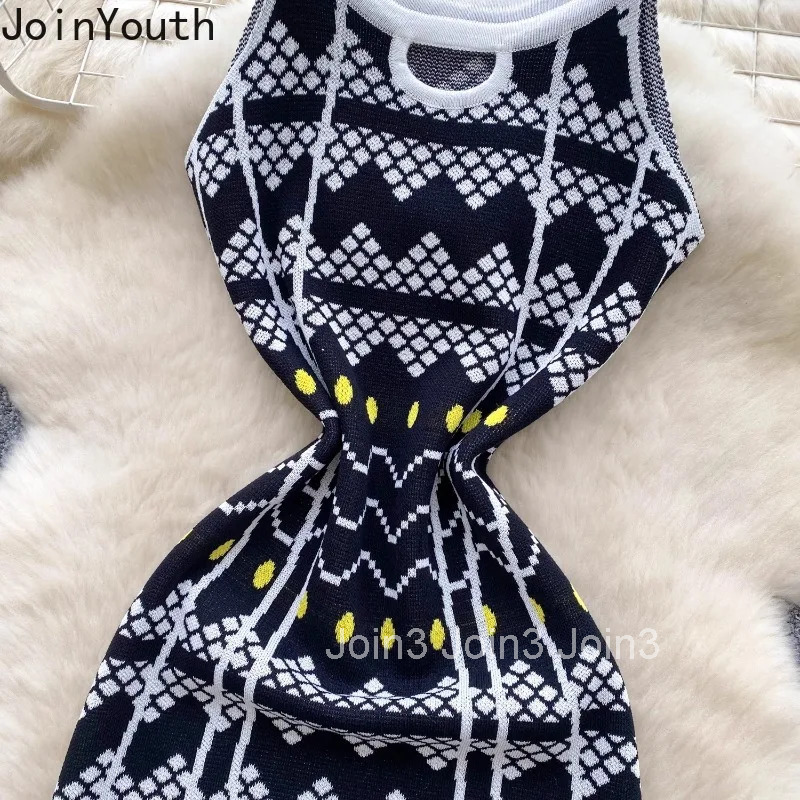 Knitting Thin Dress Women Clothes Print Sleeveless Summer Robe Femme Casual Fashion Vintage Maxi Dresses 2025 Vestidos De Mujer