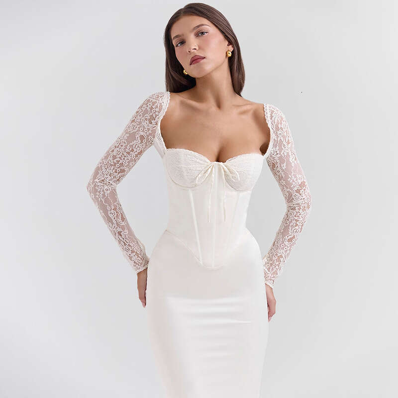 White Skirt Maxi Skirt Fashion Sexy Strapless Lace Long Sleeve Patchwork Waist Cinching Bodycon Dress For Women Long Skirt